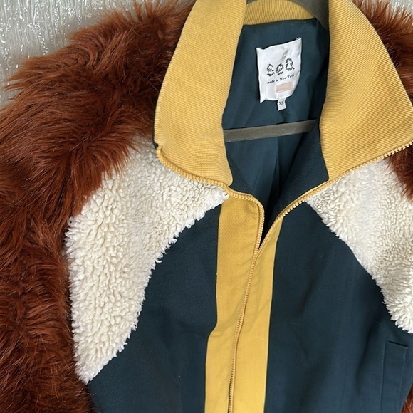 Sea New York Colorblock Faux Fur Track Jacket Size XS green/Brown/Yellow/Cream - Picture 5 of 7